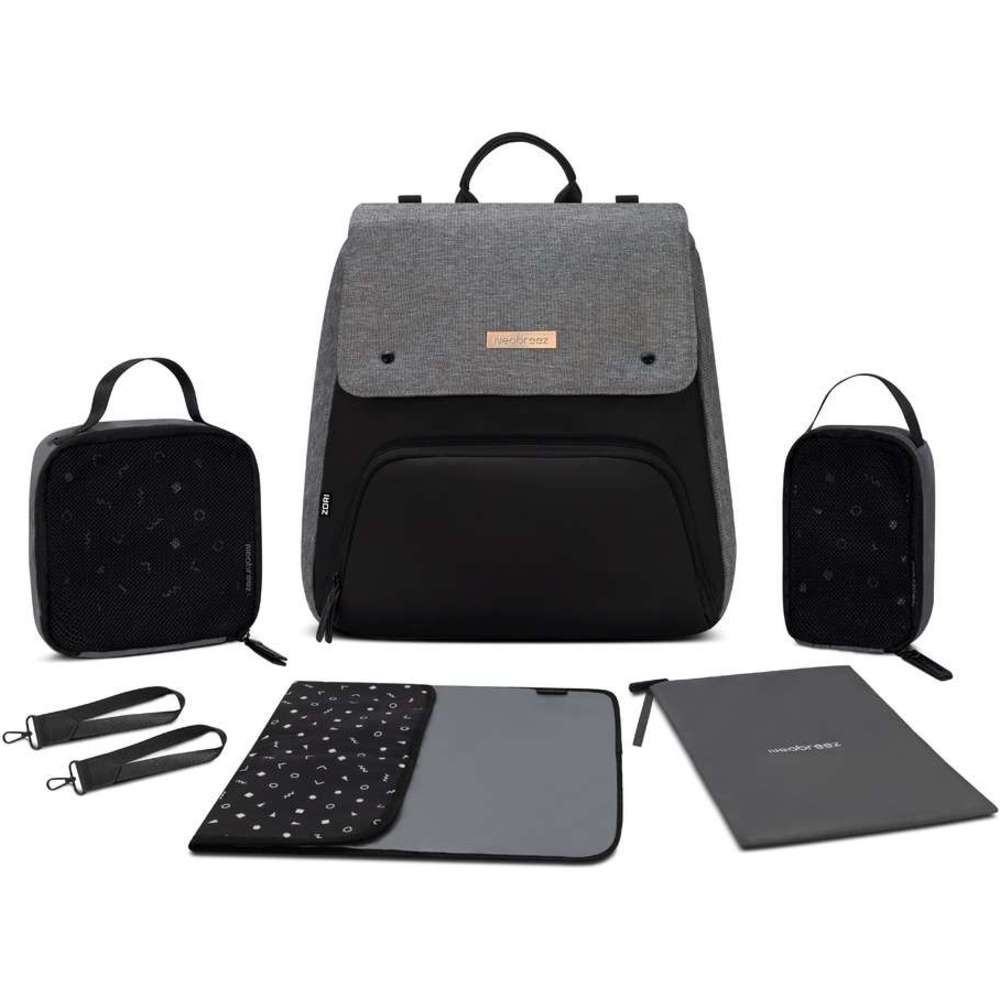 نيو بريز - شنطة ظهر زوري للحفاضات، 7 قطع مع حصيرة تغيير الحفاضات، وشنطة للقطع مبللة، وأكياس - رمادي