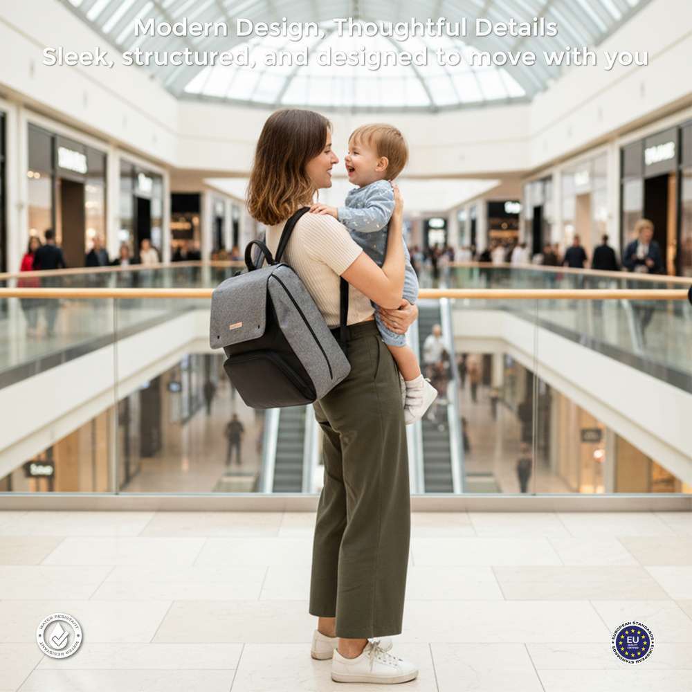 نيو بريز - شنطة ظهر زوري للحفاضات، 7 قطع مع حصيرة تغيير الحفاضات، وشنطة للقطع مبللة، وأكياس - رمادي