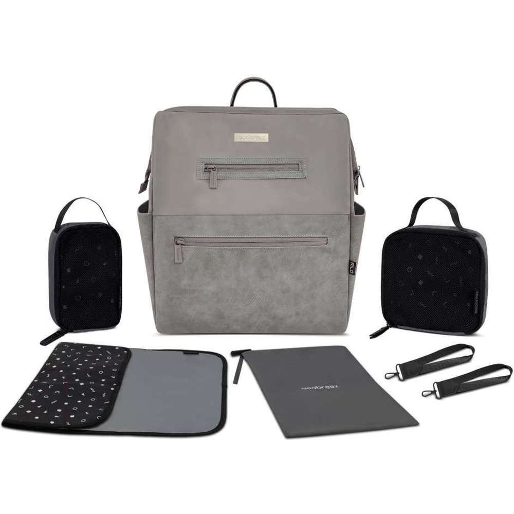 نيو بريز - شنطة ظهر ريلو للحفاضات، 7 قطع، مع حصيرة تغيير الحفاضات، وشنطة للقطع مبللة، وأكياس صغيرة - رمادي حجري