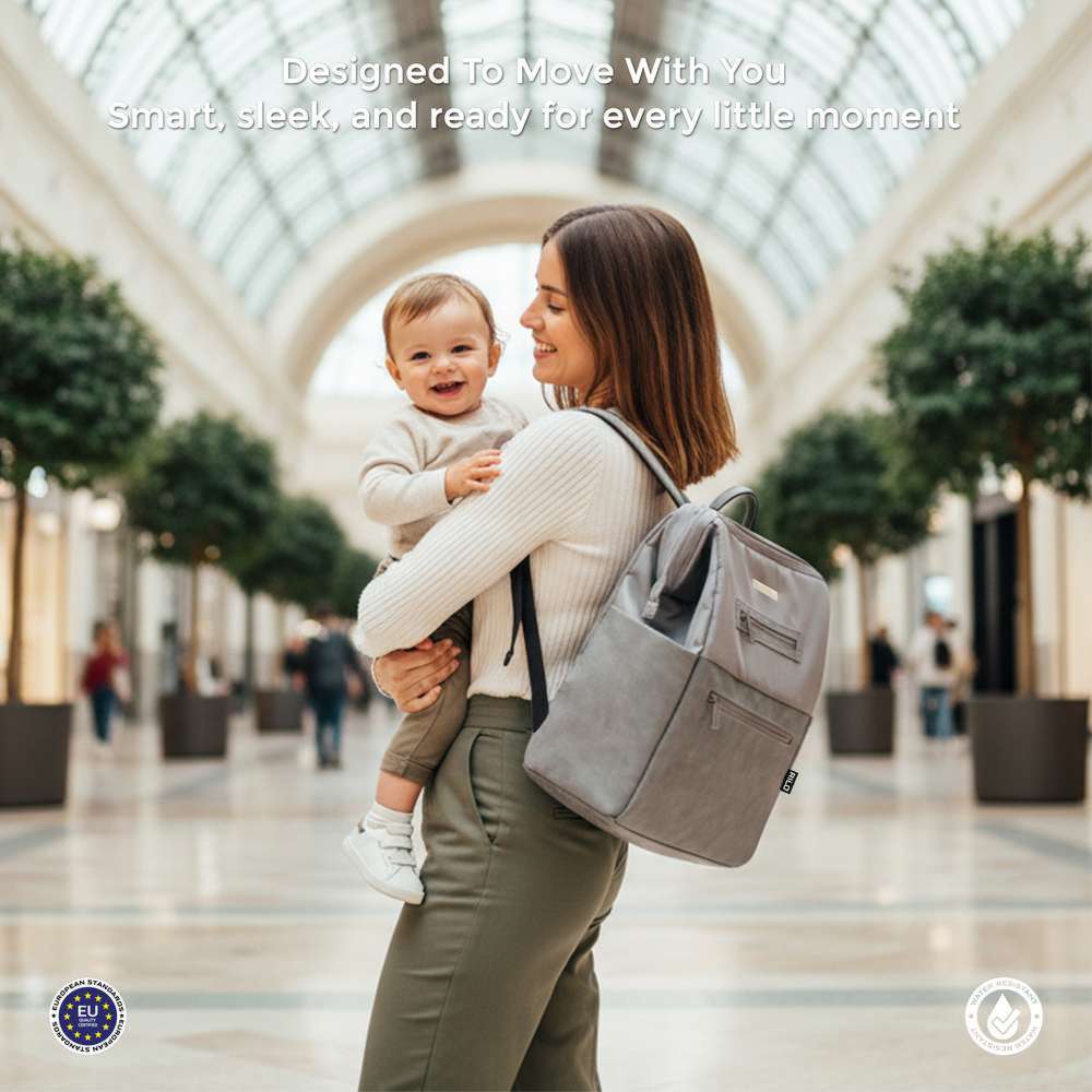 نيو بريز - شنطة ظهر ريلو للحفاضات، 7 قطع، مع حصيرة تغيير الحفاضات، وشنطة للقطع مبللة، وأكياس صغيرة - رمادي حجري