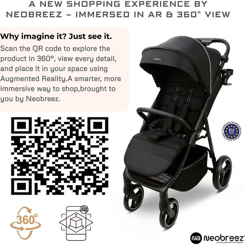 Neobreez Tetra Lightweight Pushchair Stroller with Cup Holder 0-4Yrs - Black