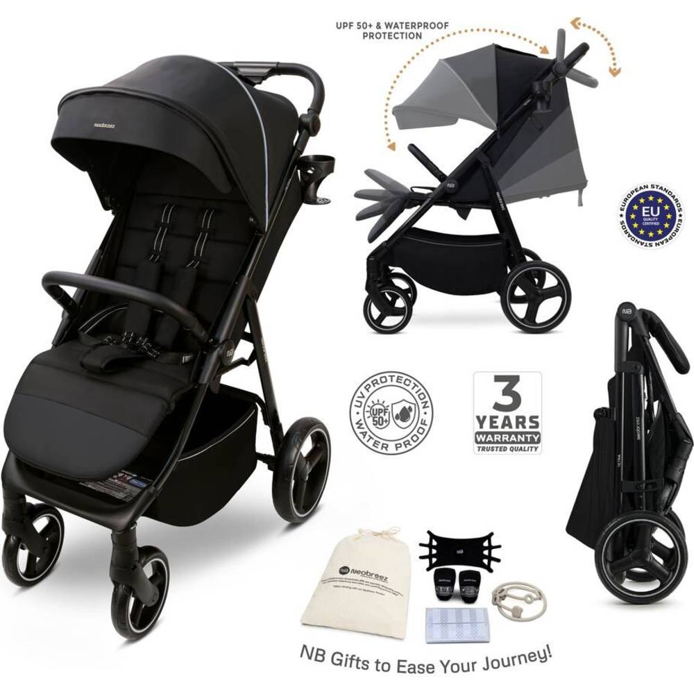 Neobreez Tetra Lightweight Pushchair Stroller with Cup Holder 0-4Yrs - Black