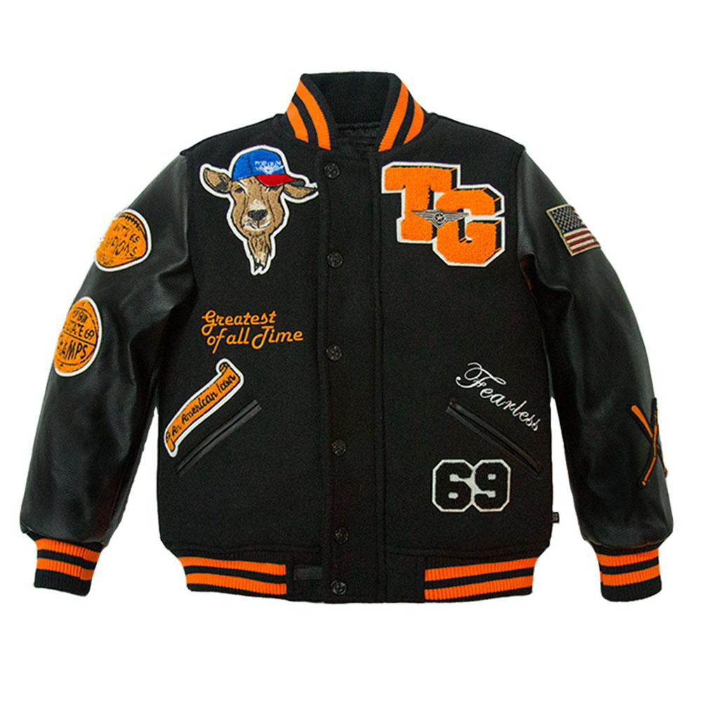 Kids Goat Wool PU Bomber Jacket - Black