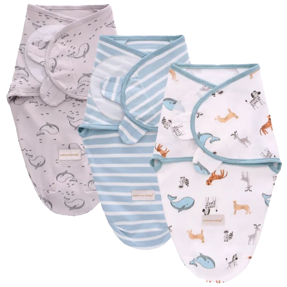 ميراكل بيبي - طقم من 3 قطع - كيس نوم لفافة أطفال قطنية 100% - أزرق