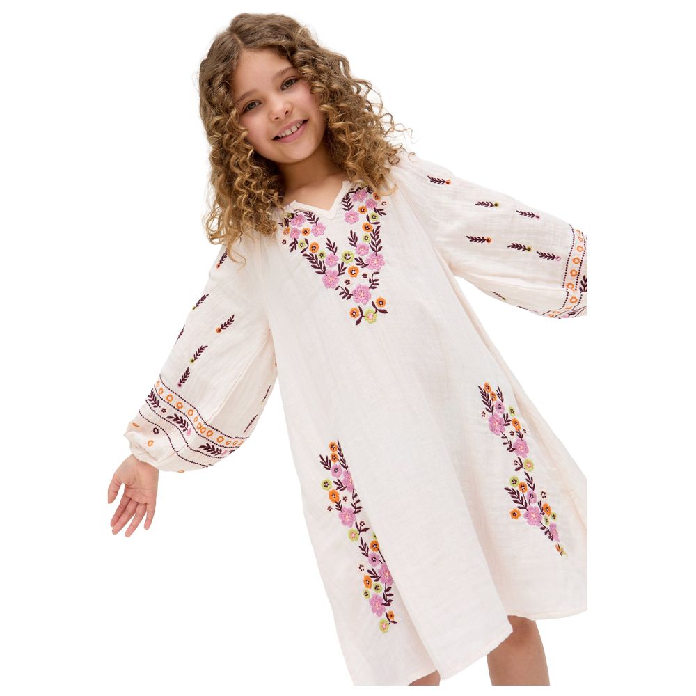 Raffya Kids - Girl's Full Sleeves Placement Embroidered Dress - Cream