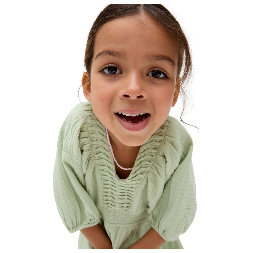 Raffya Kids - Girl's Soipoi Ruched V-Neck Dress - Green