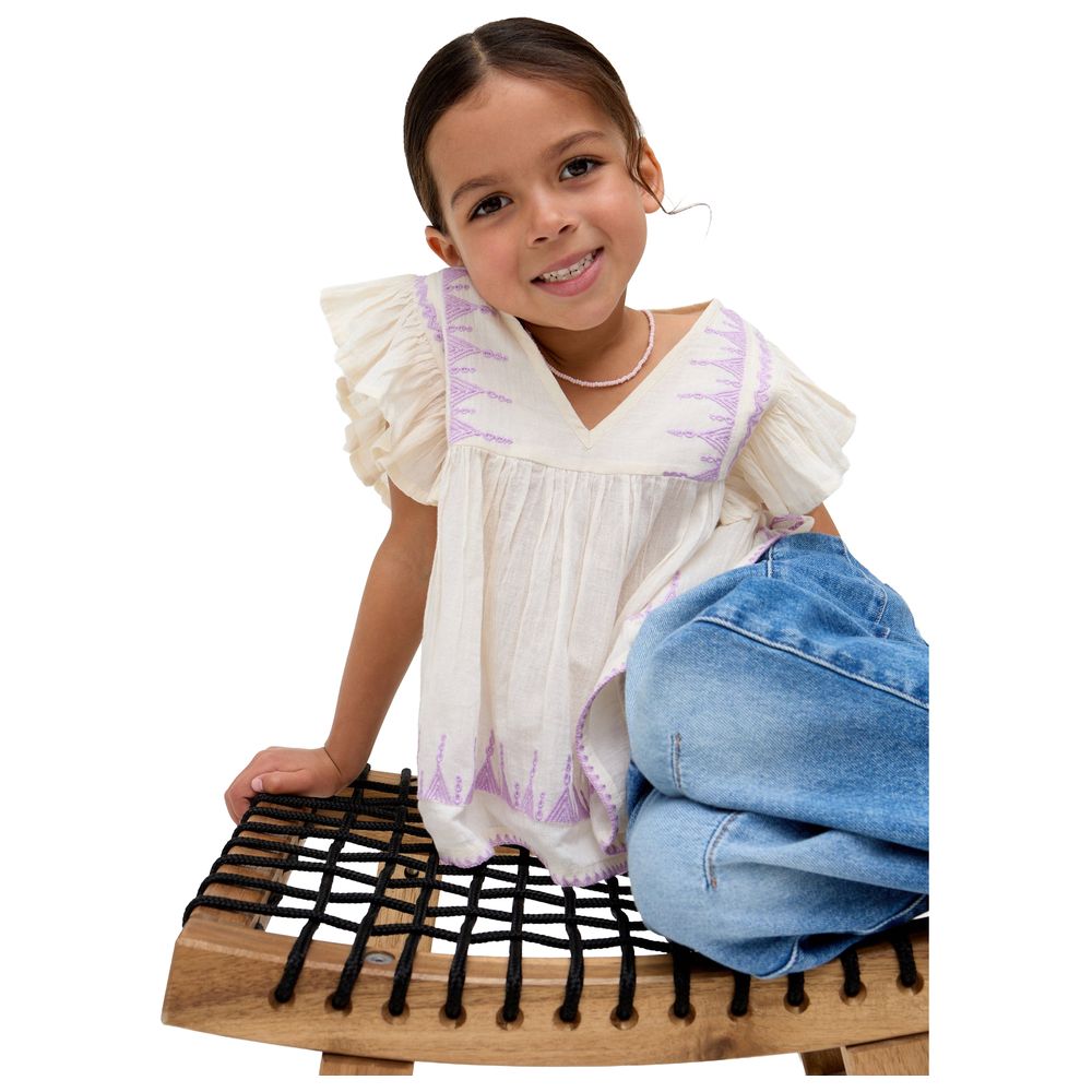 Raffya Kids - Girl's Mariana Flutter Sleeve Embroidered Blouse - Cream