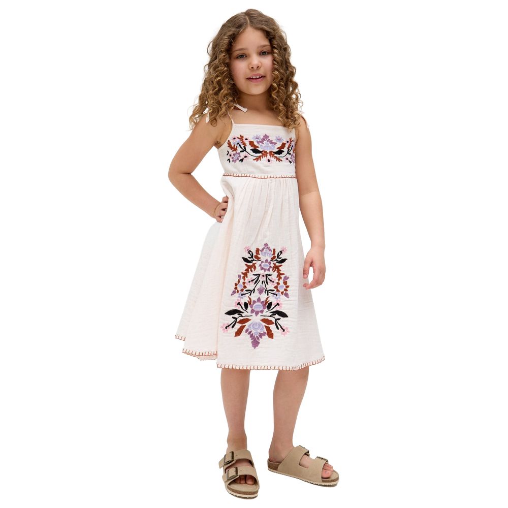 Raffya Kids - Girl's Furla Smocked Panel Embroidered Dress - Cream