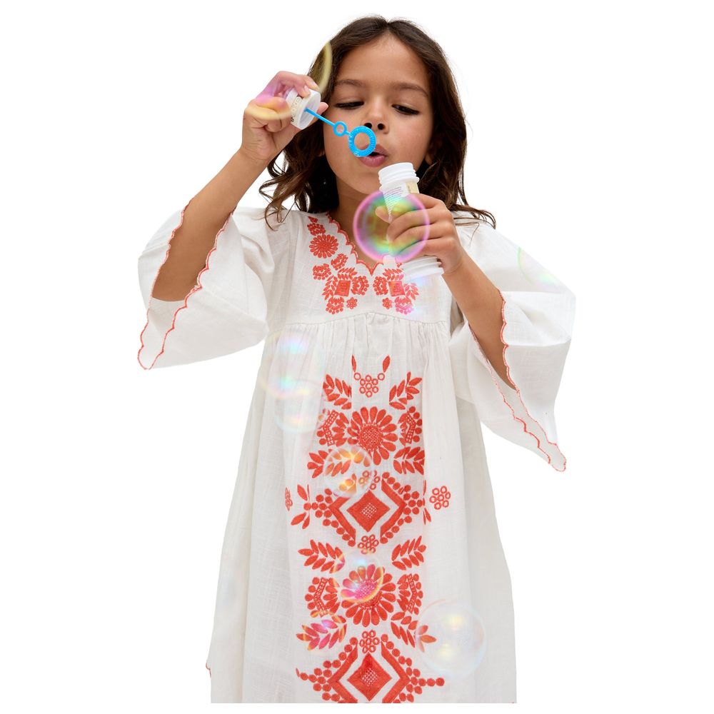 Raffya Kids - Girl's Arabella V-Neck Embroidered Dress - White