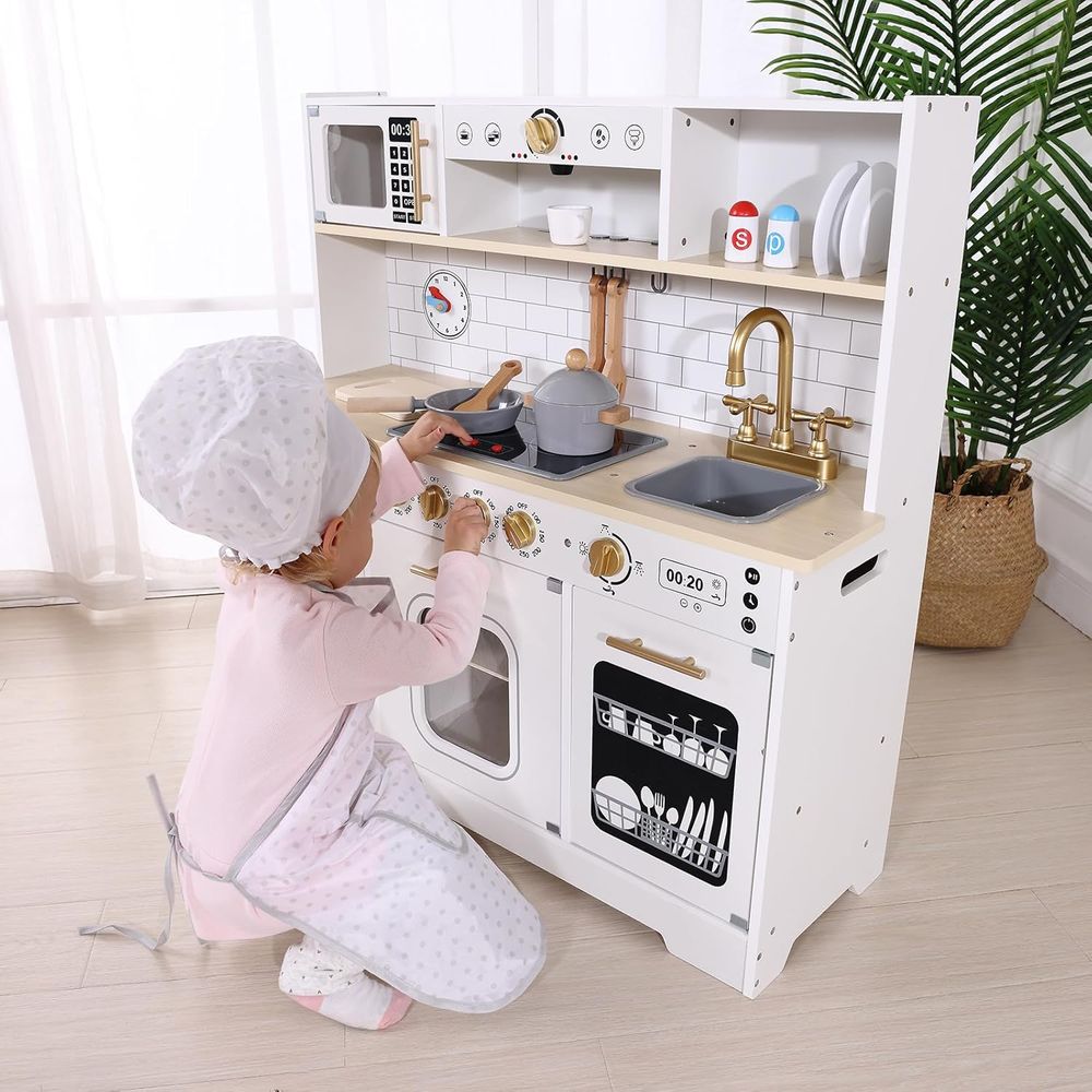 Tooky Toys Kids Wooden Kitchen Pretend Playset - White - 15 Pcs