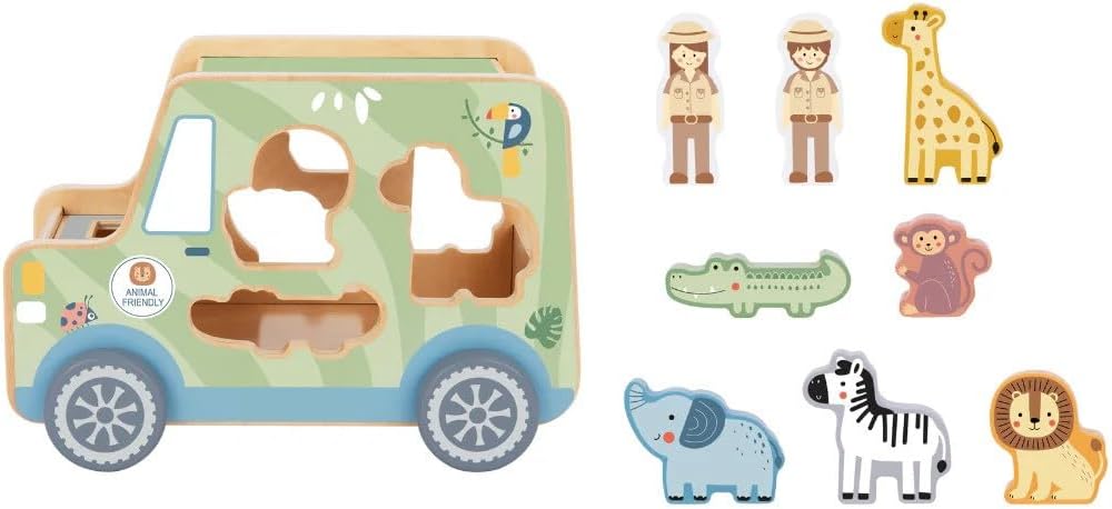 Tooky Toys Animal Jeep Wooden Shape Sorter - Multicolor - 9 Pcs