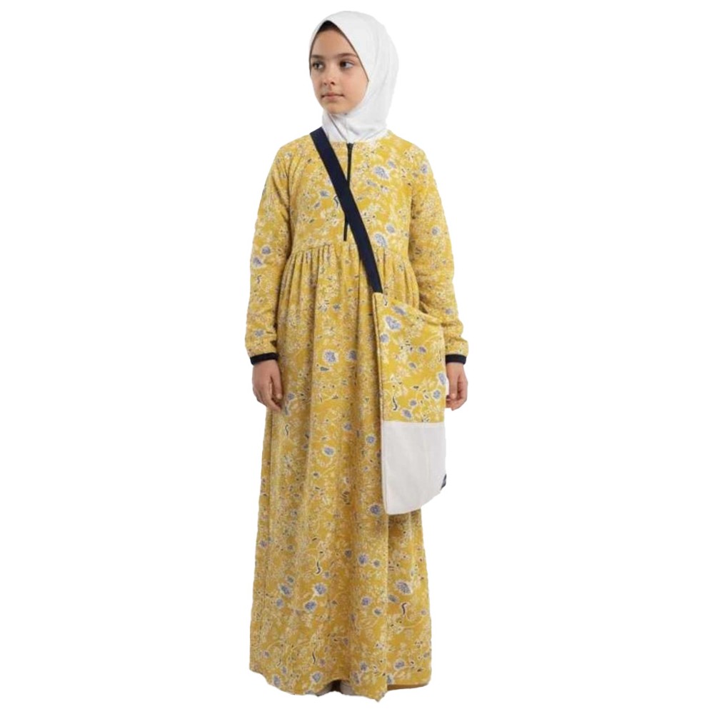 Artemea - 3pc-Set - Printed Girls Prayer Dress With Zipper, Matching Prayer Mat & Bag - Yellow
