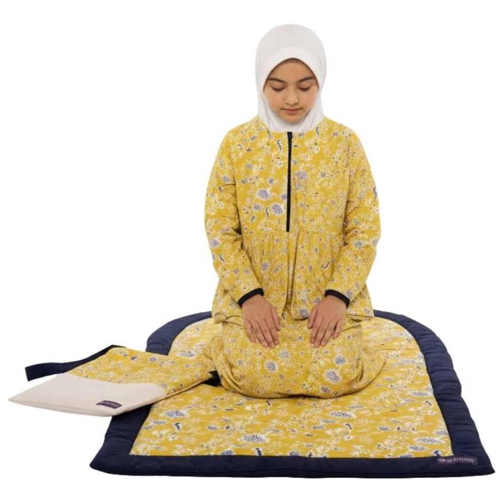 Artemea - 3pc-Set - Printed Girls Prayer Dress With Zipper, Matching Prayer Mat & Bag - Yellow