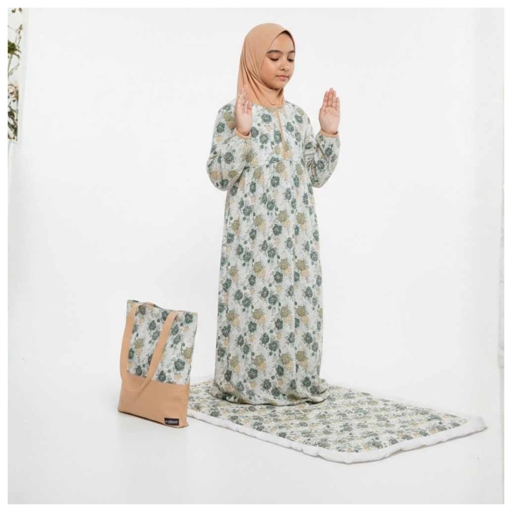 Artemea - 3pc-Set - Printed Girls Prayer Dress With Zipper, Matching Prayer Mat & Bag - Cream