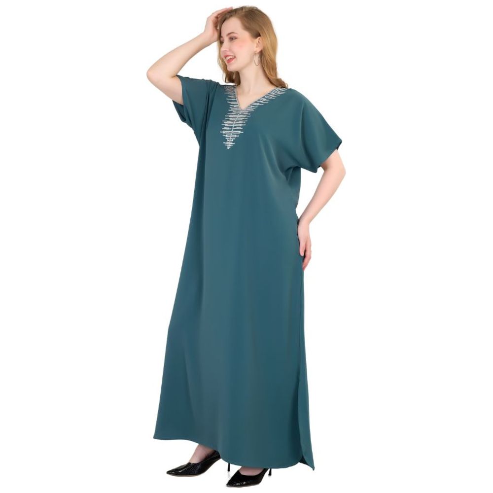 Artemea - Women's Soft Shiny Satin Finish Hand Embroidered Short Sleeves Jalabiya - Blue