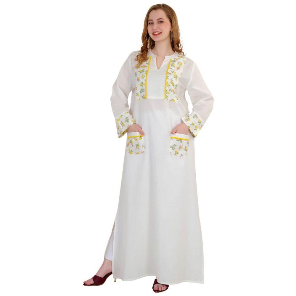 Artemea - Women's Linen Look Cotton Jalabiya With Printed Yoke & Pockets With Lace Details - White