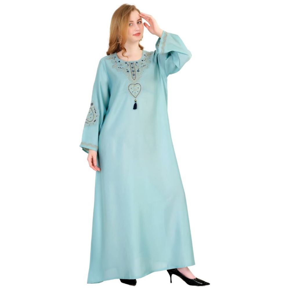 Artemea - Women's Soft Premium Textured Fabric With Golden Thread Embroidered Jalabiya - Blue