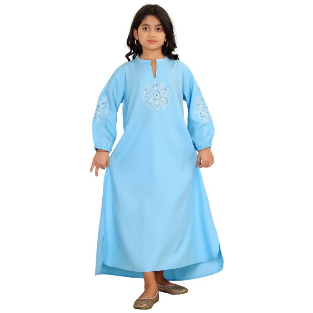 Artemea - Girl's Rayon Jalabiya With Delicate Embroidery & Sleeve Cuff Details - Blue