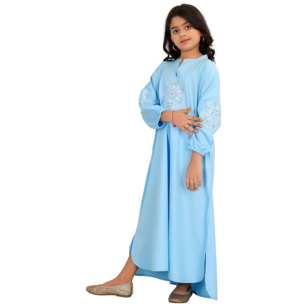 Artemea - Girl's Rayon Jalabiya With Delicate Embroidery & Sleeve Cuff Details - Blue