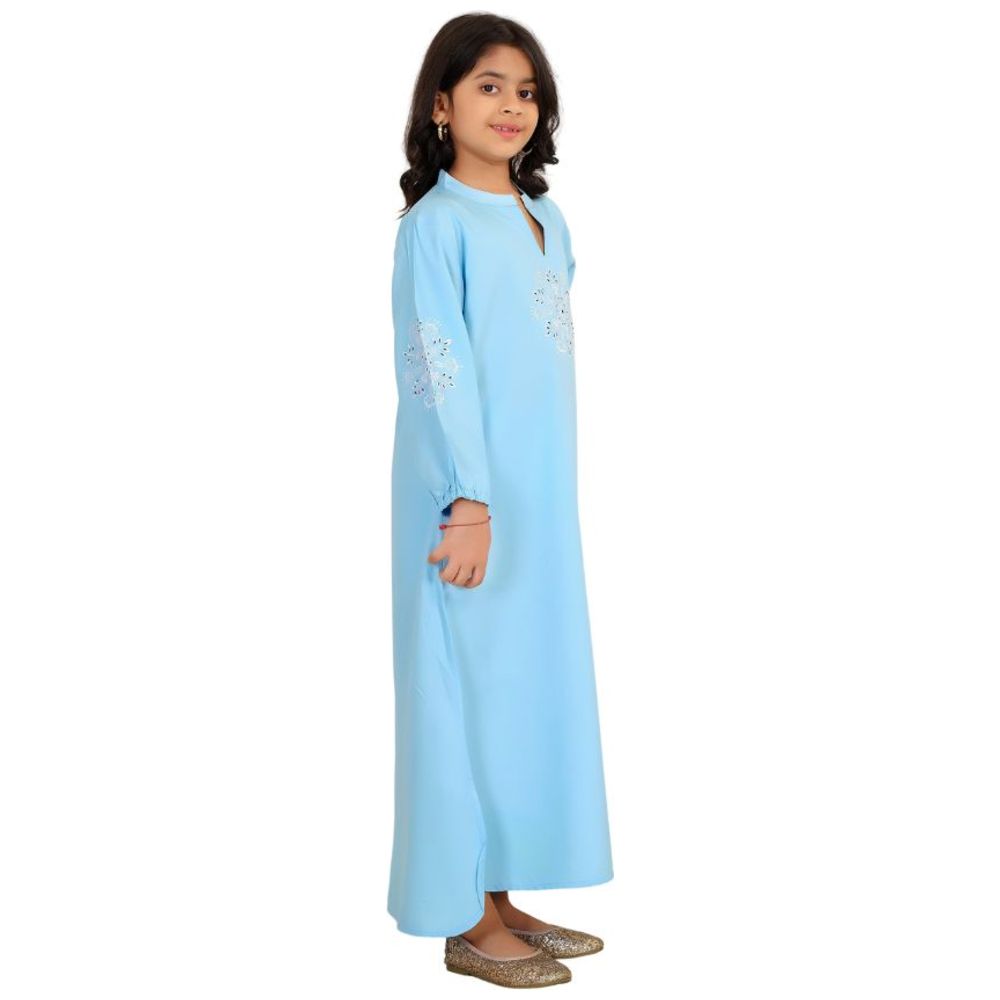 Artemea - Girl's Rayon Jalabiya With Delicate Embroidery & Sleeve Cuff Details - Blue