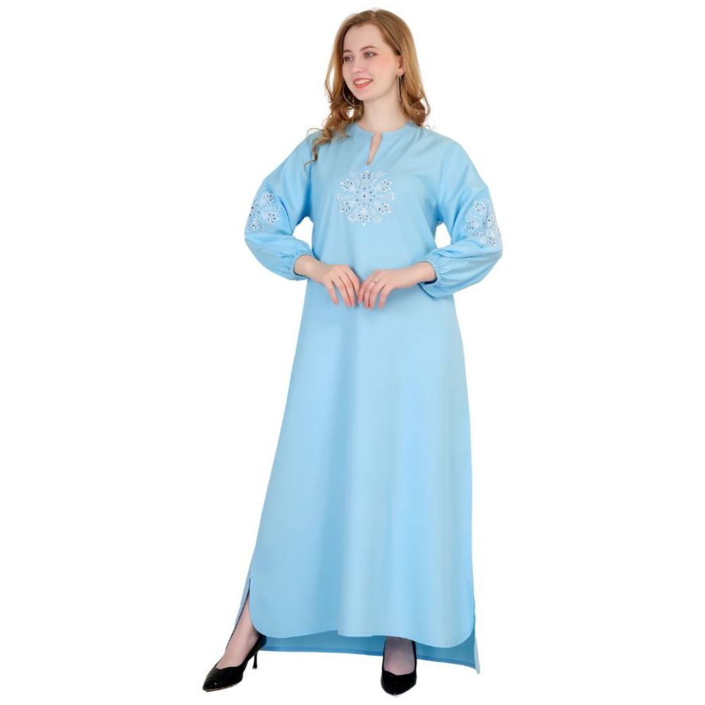Artemea - Women's Rayon Jalabiya With Delicate Embroidery & Sleeve Cuff Details - Blue