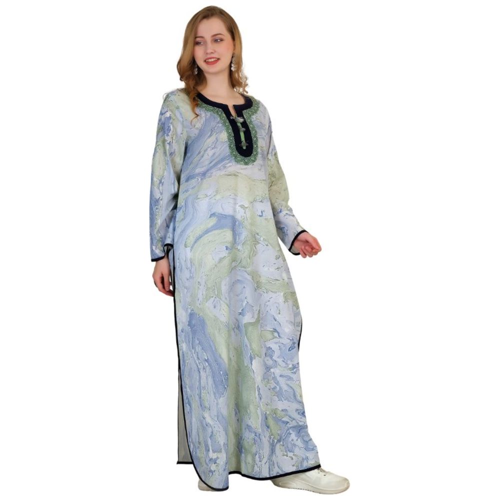Artemea - Women's Hand Marble Printed Cotton Embroidered Jalabiya With Side Slit Styling