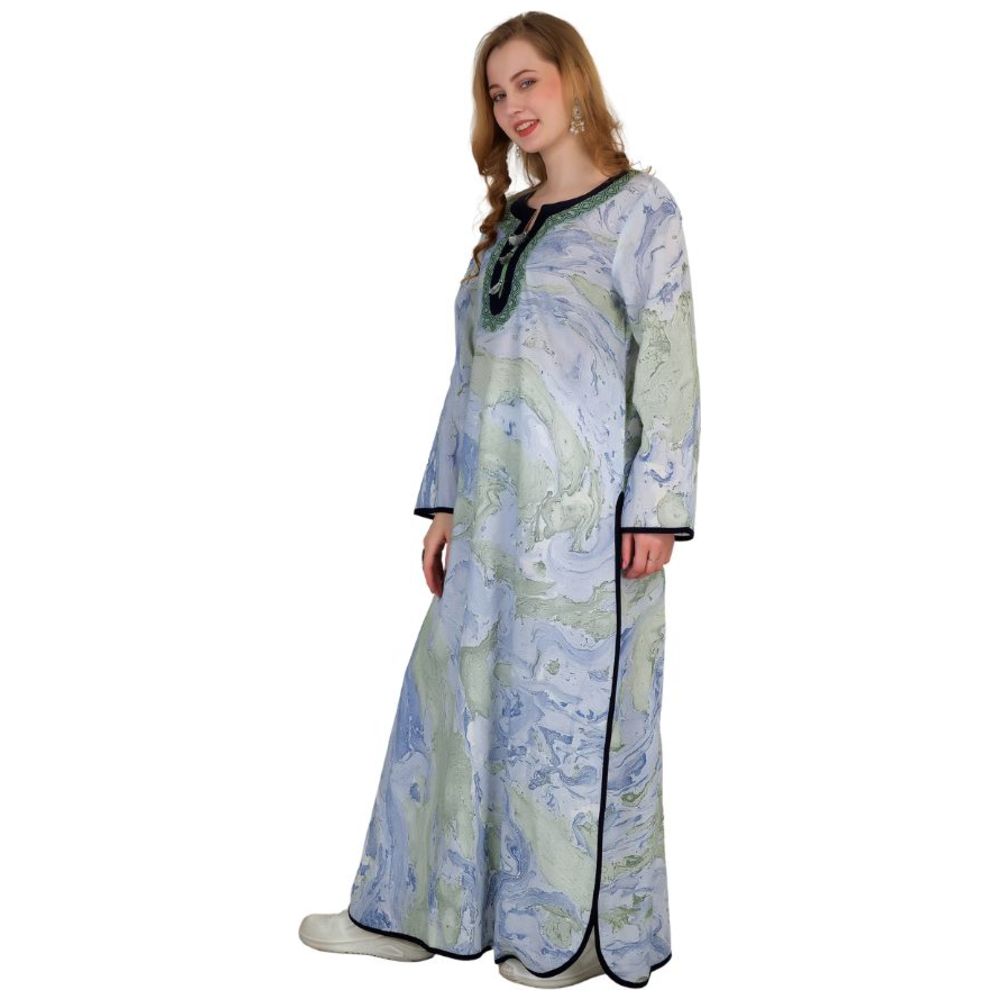 Artemea - Women's Hand Marble Printed Cotton Embroidered Jalabiya With Side Slit Styling