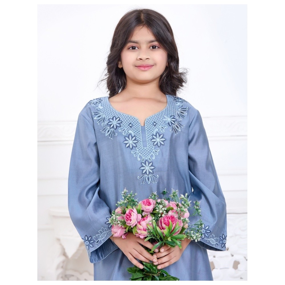 Artemea - Soft Shiny Satin Finish Lace Embroidered Jalabiya