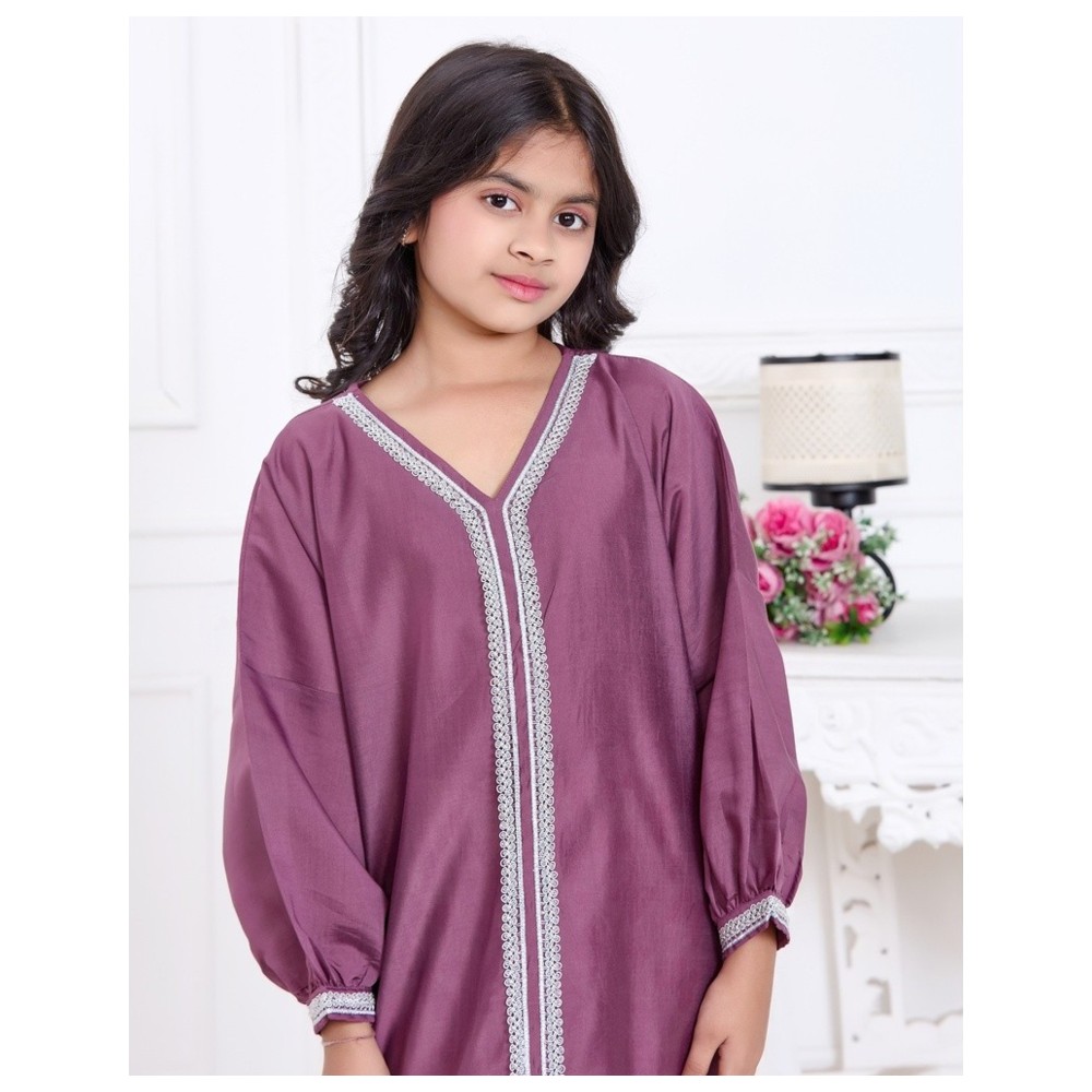 Artemea - Soft Shiny Satin Finish Silver Lace Embroidered Jalabiya