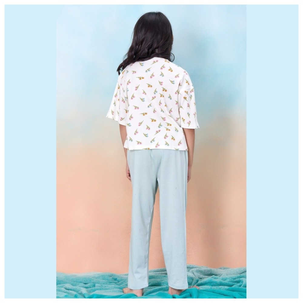 Artemea - 2pc-Set - Floral Printed Girls Premium Boxy T-Shirt And Mint Pajama Set