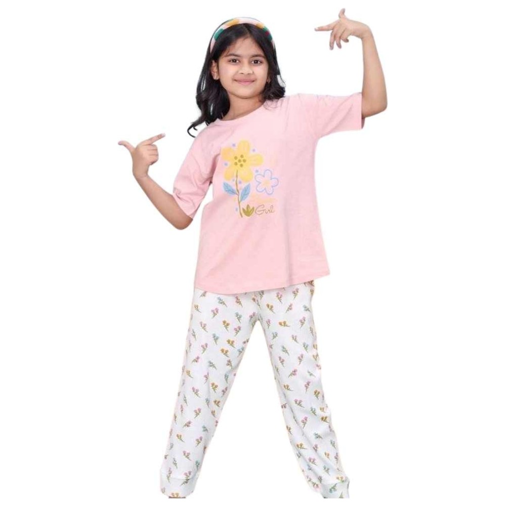 Artemea - 2pc-Set - Flower Printed Girls Premium Peach Boxy T Shirt & Floral Printed Pajama Set