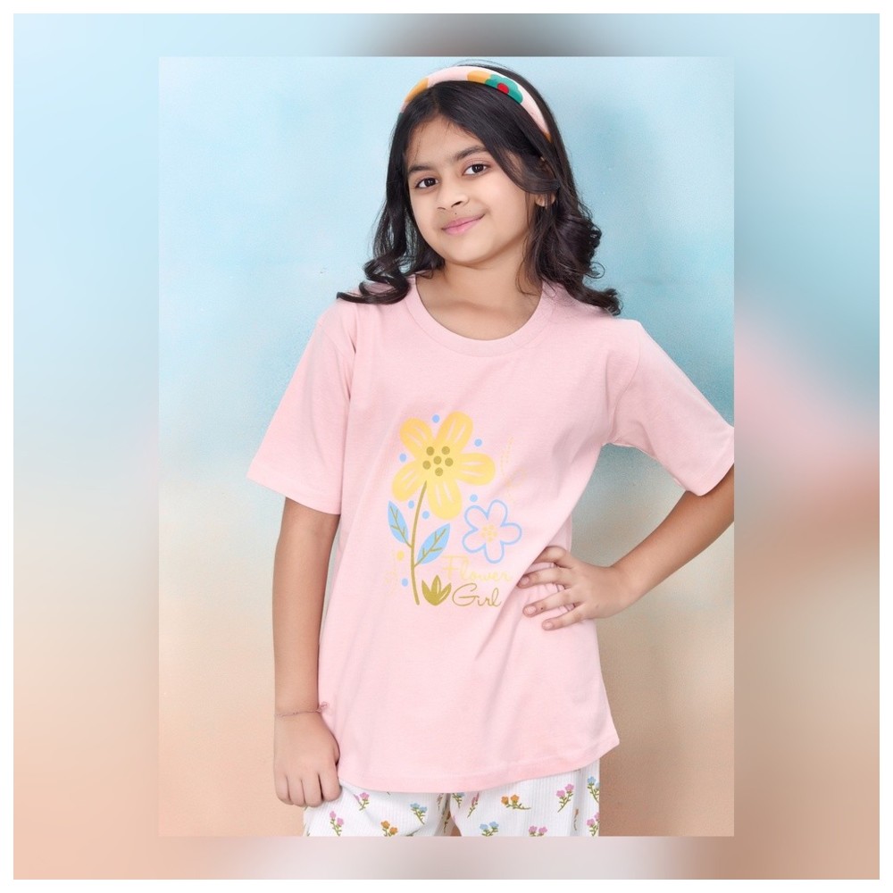 Artemea - 2pc-Set - Flower Printed Girls Premium Peach Boxy T Shirt & Floral Printed Pajama Set