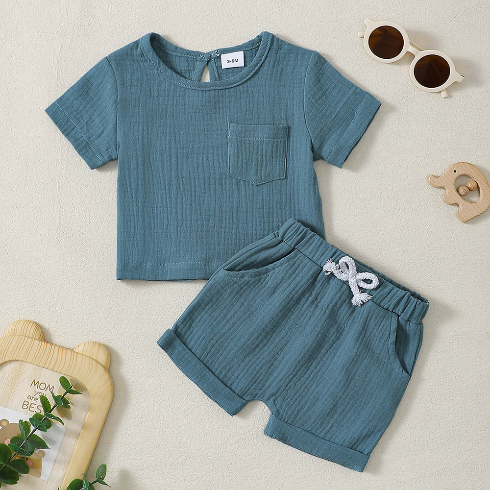 براونبارك - طقم تي شيرت سادة بياقة دائرية وشورت - أزرق - قطعتين