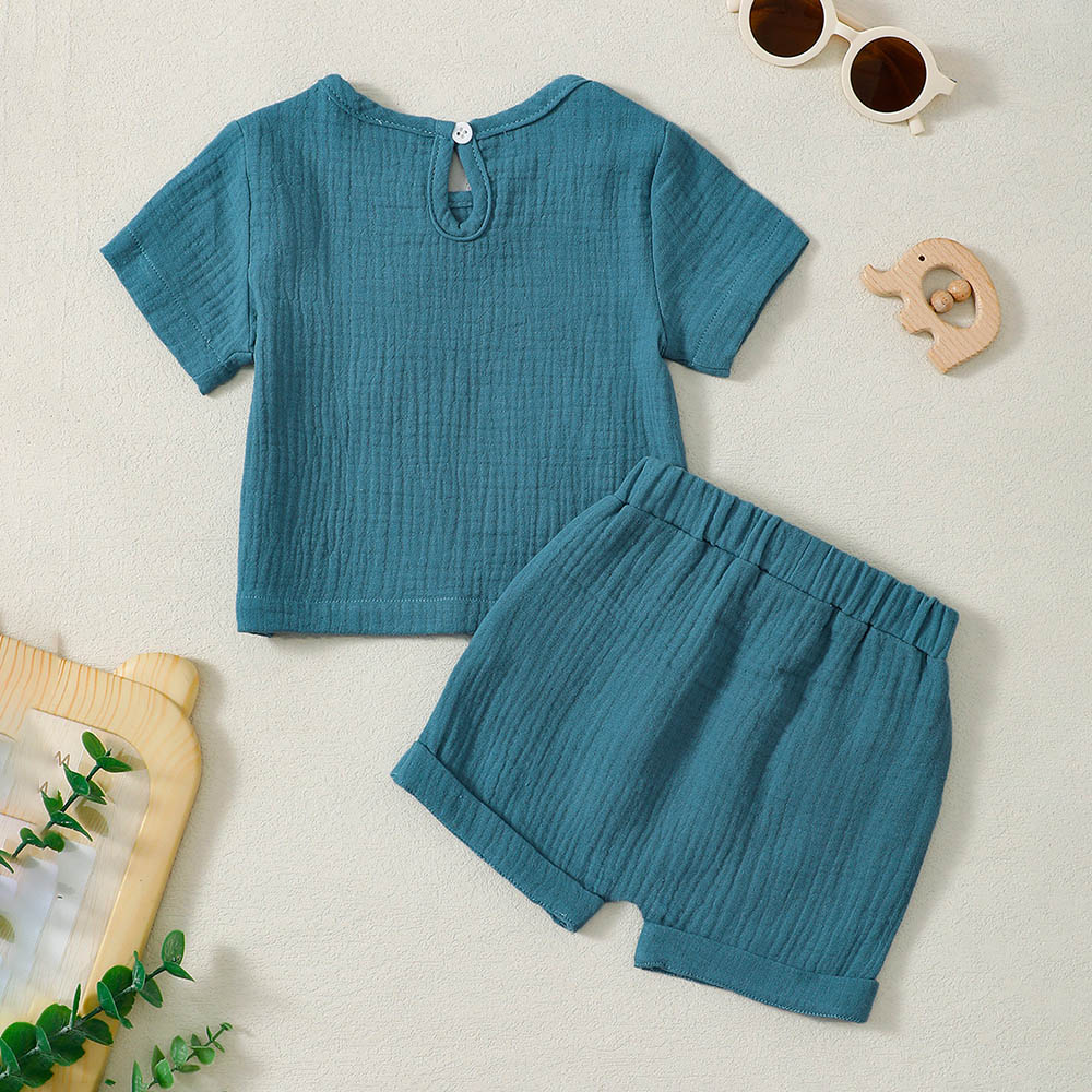 براونبارك - طقم تي شيرت سادة بياقة دائرية وشورت - أزرق - قطعتين