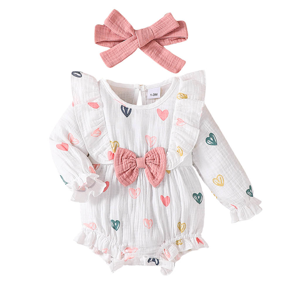 براونبارك - طقم تبان (بربتوز) بأكمام طويلة بطبعة قلوب مع ربطة رأس - قطعتين