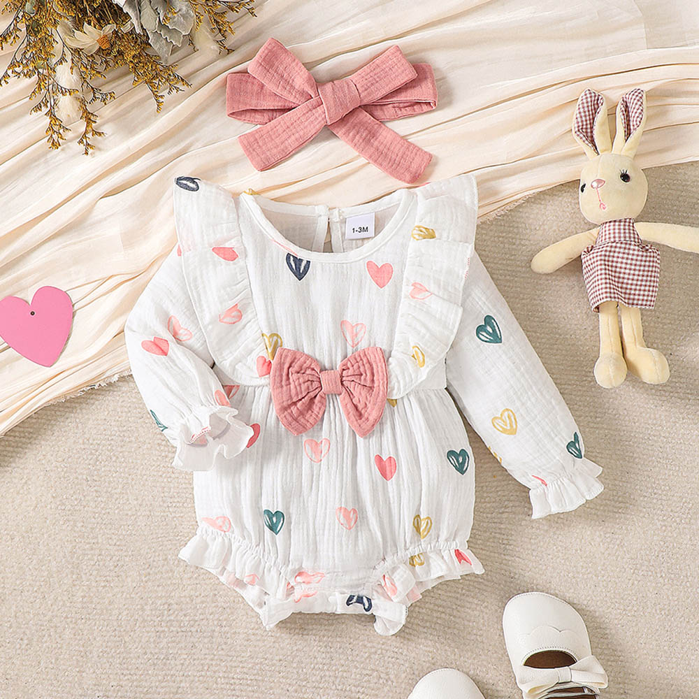 براونبارك - طقم تبان (بربتوز) بأكمام طويلة بطبعة قلوب مع ربطة رأس - قطعتين