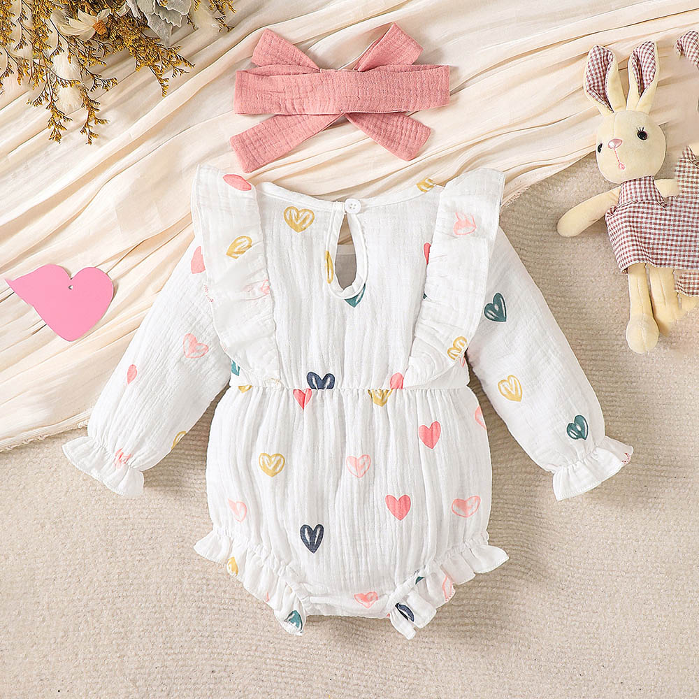 براونبارك - طقم تبان (بربتوز) بأكمام طويلة بطبعة قلوب مع ربطة رأس - قطعتين