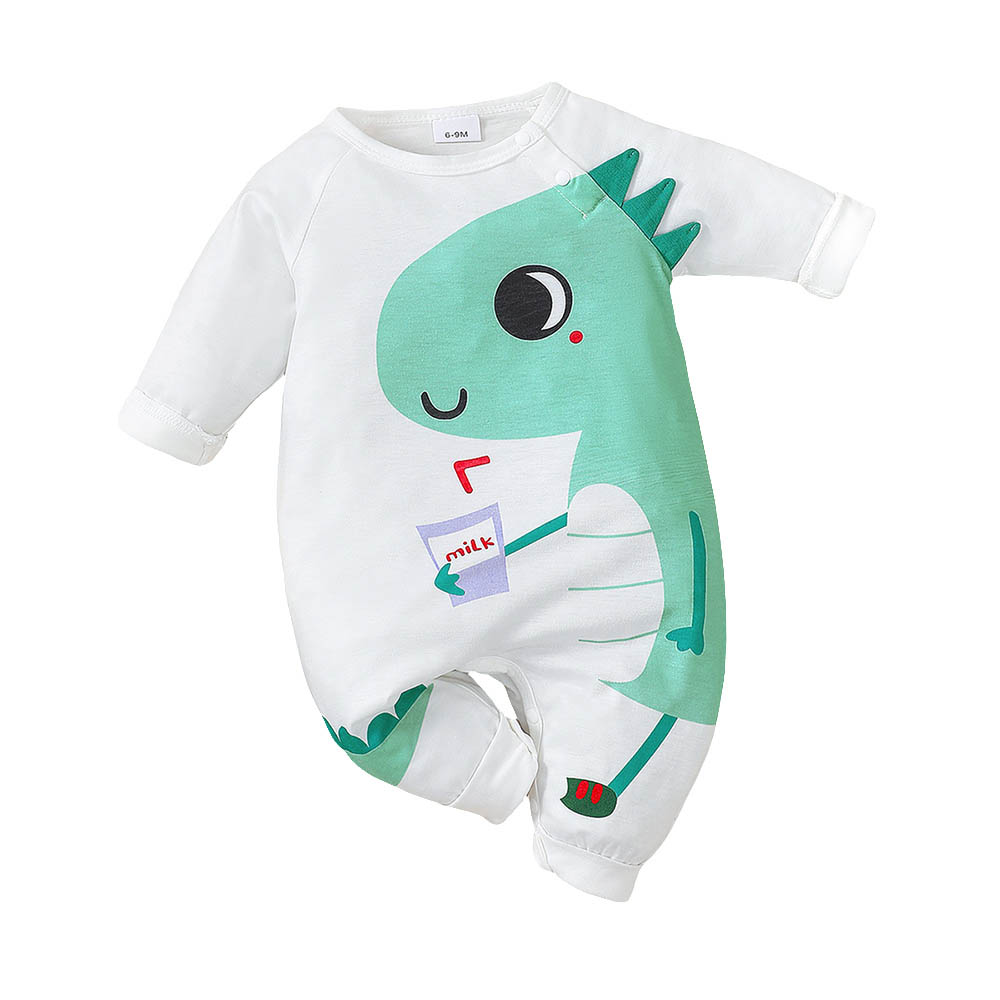 براونبارك - طقم جمبسوت بأكمام طويلة بطبعة ديناصور لطيف - أبيض