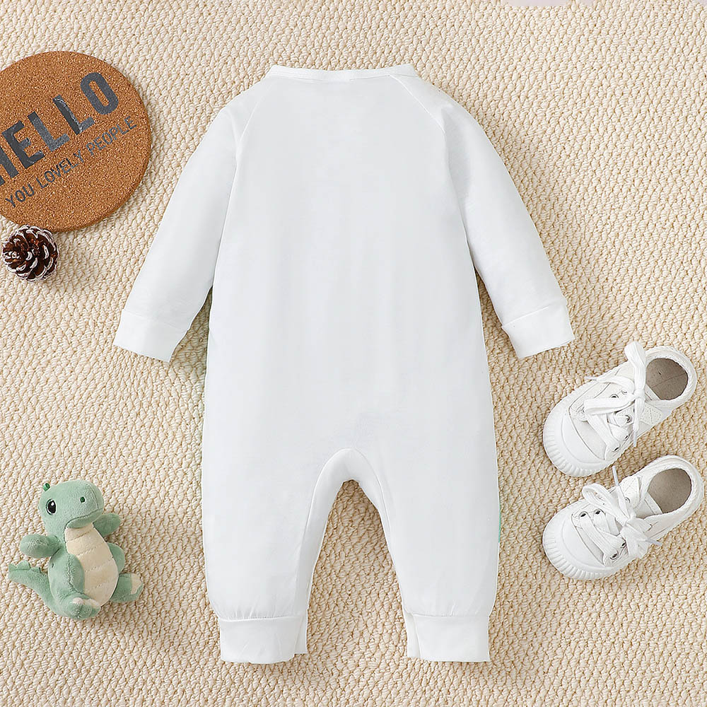 براونبارك - طقم جمبسوت بأكمام طويلة بطبعة ديناصور لطيف - أبيض