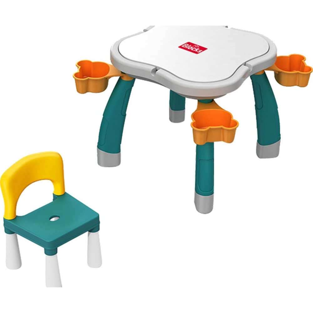 Kikibebe - Plum Blossom Shape Building Block Table With Chair - Deep Lake Green - 100 Pc Set