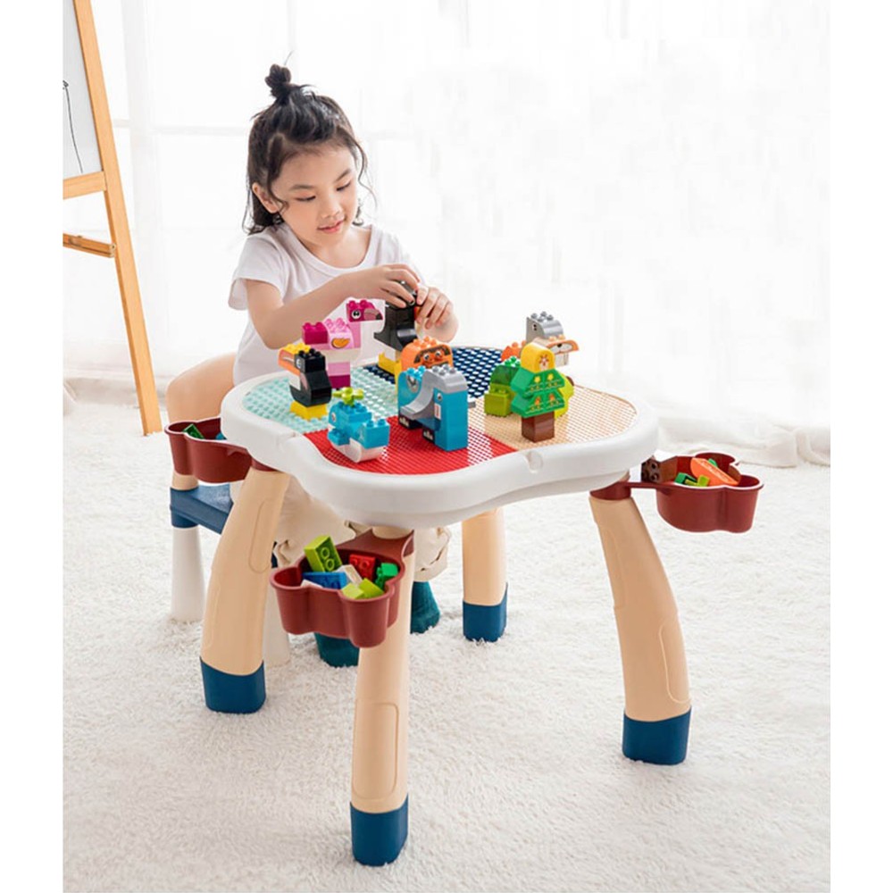 Kikibebe - Plum Blossom Shape Building Block Table With Chair - Deep Lake Green - 100 Pc Set