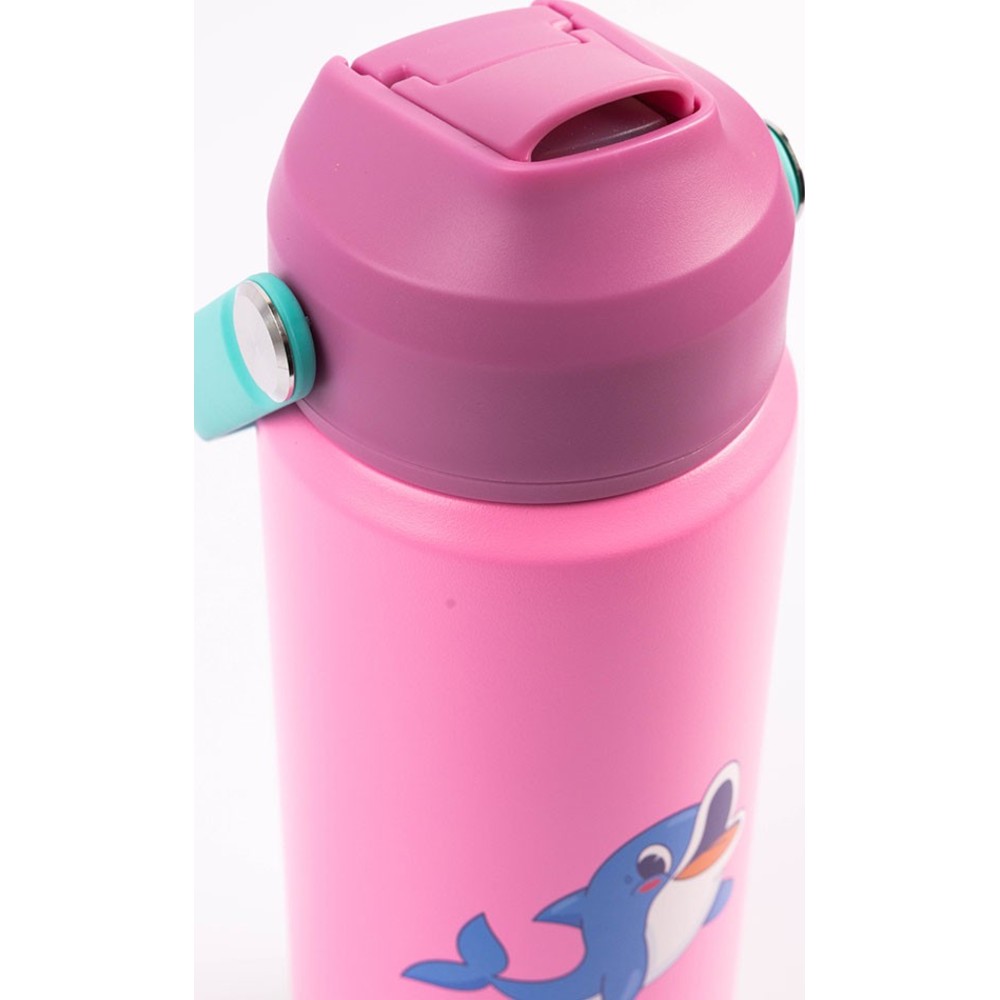 Cocobee - Girl's Dolphin Insulated Stainless Steel Water Bottle With Handle Grip - Pink - 500 ml