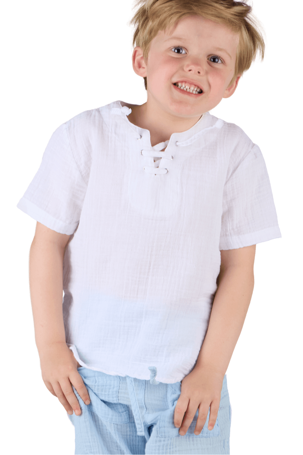 جست نيتشر - تي شيرت برباط أمامي بأكمام قصيرة للأولاد - أبيض