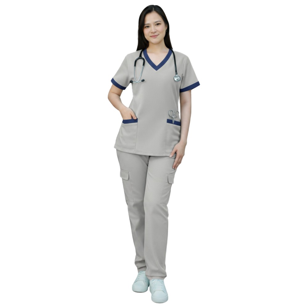 Veronica - 2pc-Set - Women's Poly Viscose Scrub Uniform With Contrast Patch - Light Grey
