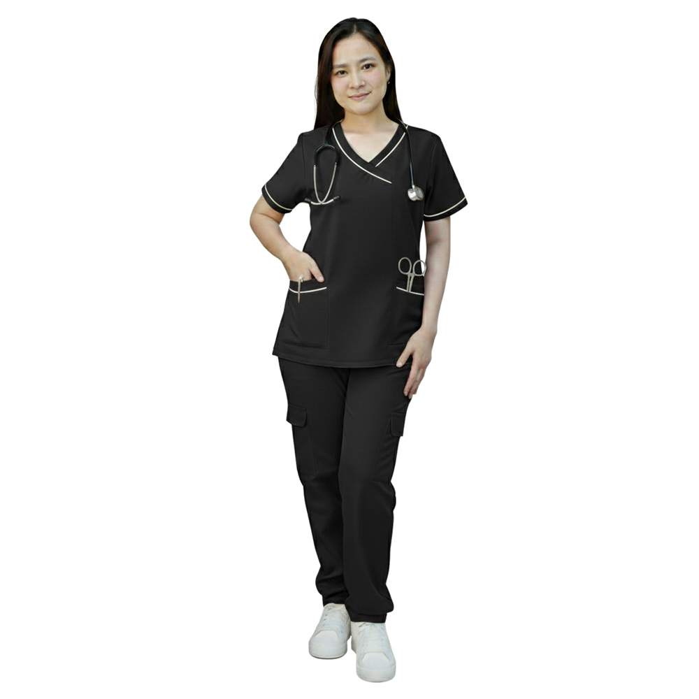 Veronica - 2pc-Set - Women's Scrub Uniform With Neck Piping - Black