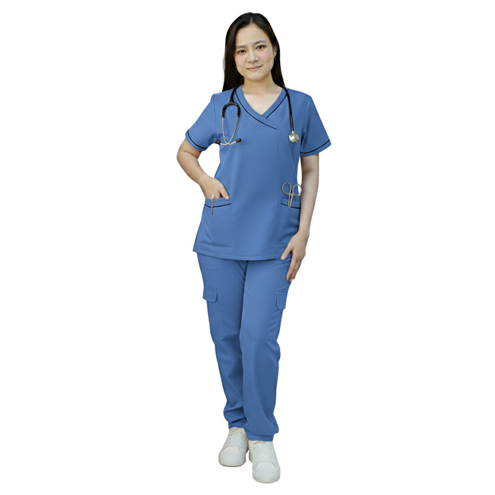 فيرونيكا - طقم قطعتين - زي طبي نسائي بحواف مزينة - أزرق