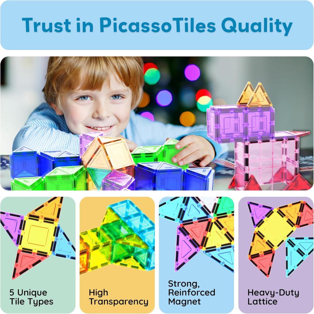 Picasso Tiles Magnetic Tiles With Carry Case Travel Bag Set - Multicolor - 101 Pcs
