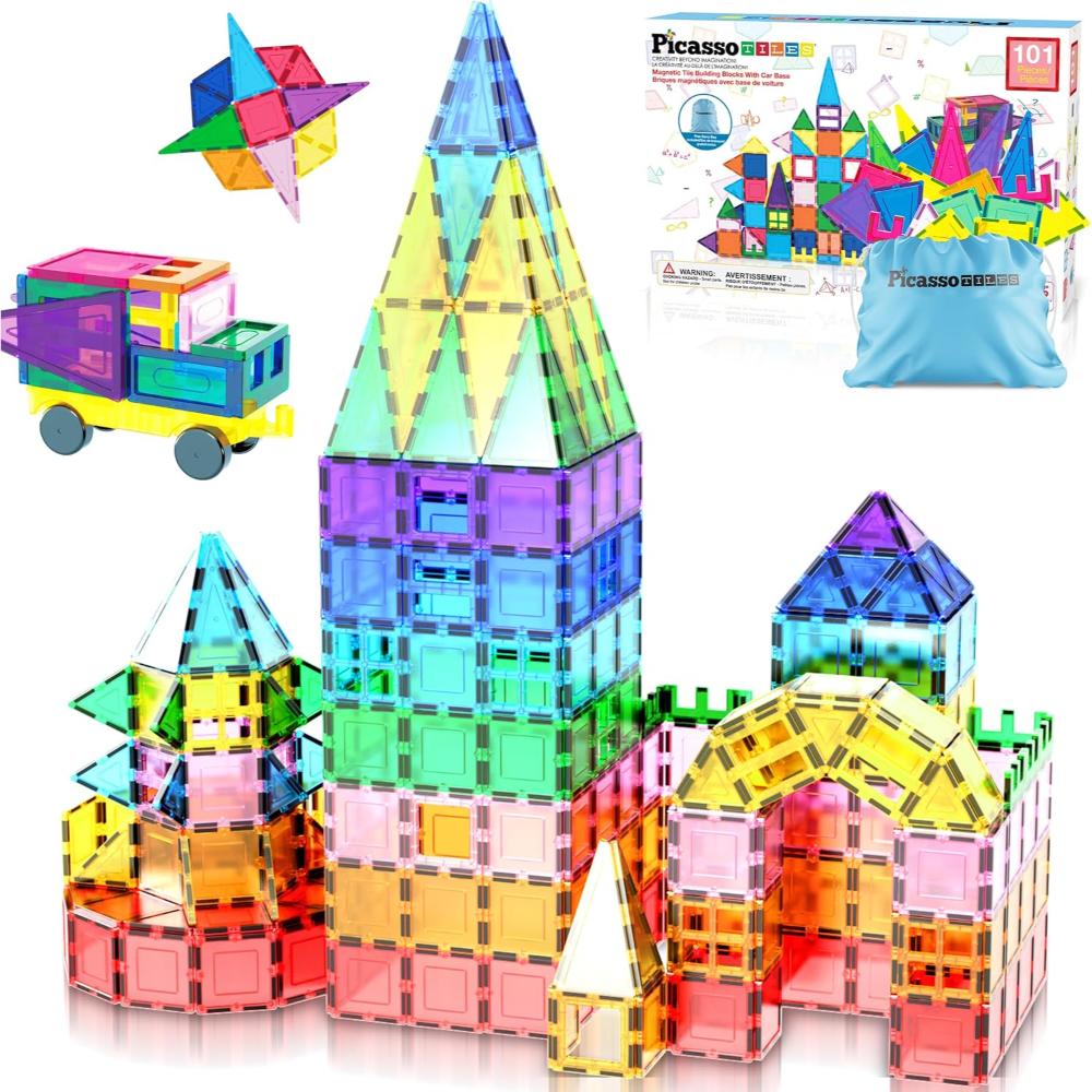 Picasso Tiles Magnetic Tile Building Blocks With Car Base - Multicolor - 101 Pcs