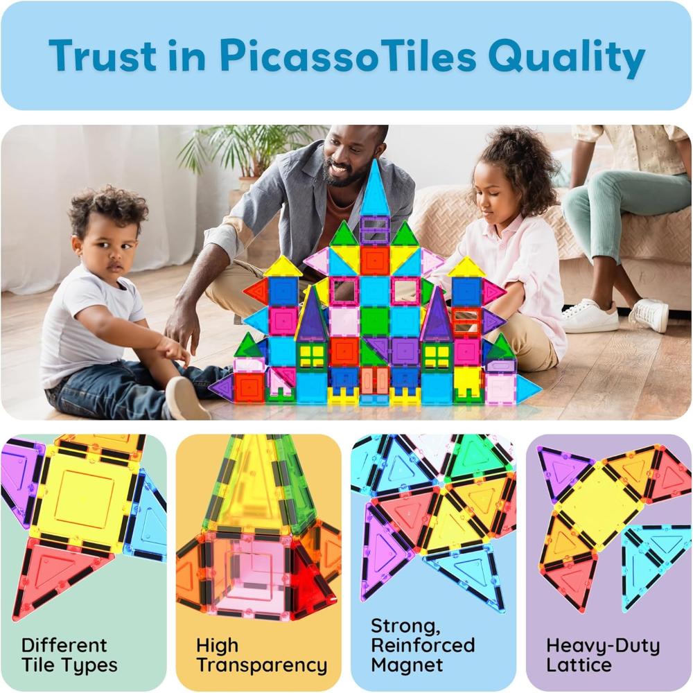 Picasso Tiles Magnetic Tile Building Blocks With Car Base - Multicolor - 101 Pcs