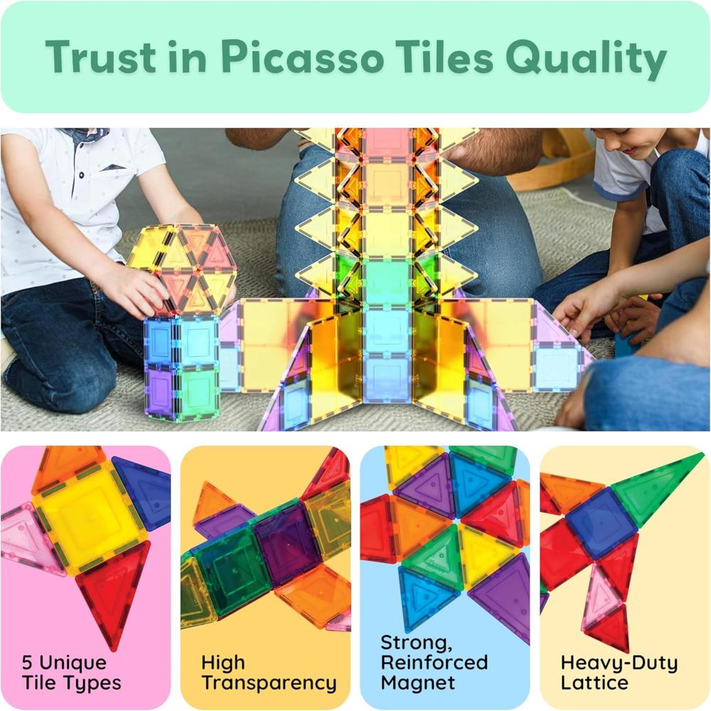 Picasso Tiles Magnetic Tile Building Blocks - Multicolor - 100 Pcs
